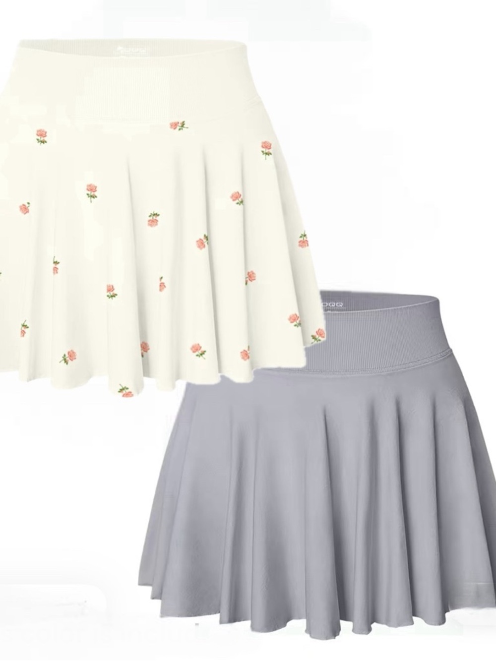 OQQ 2 Piece Set Skirt Shorts Flared-Lavender and Floral White